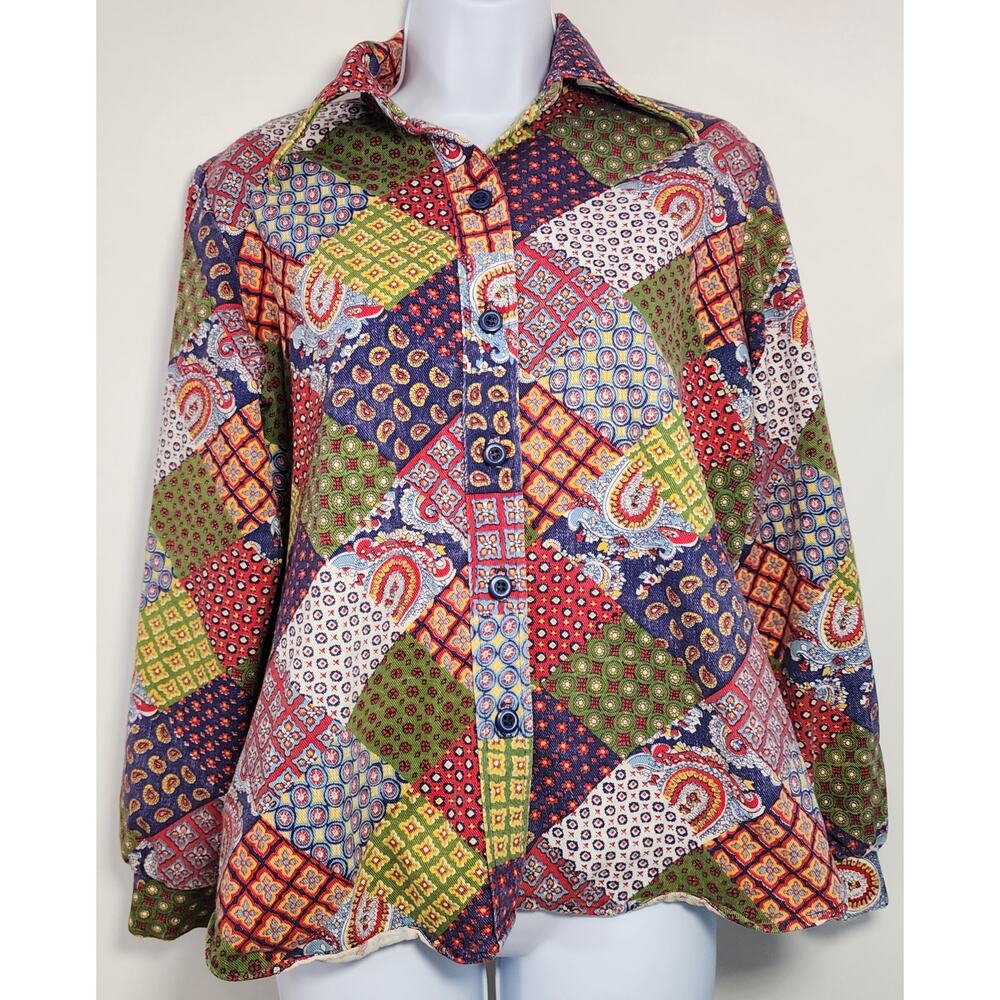 DURABLE PRESS Vintage Kaleidoscope Patchwork Button Up Shirt Retro Colorful‎ Top